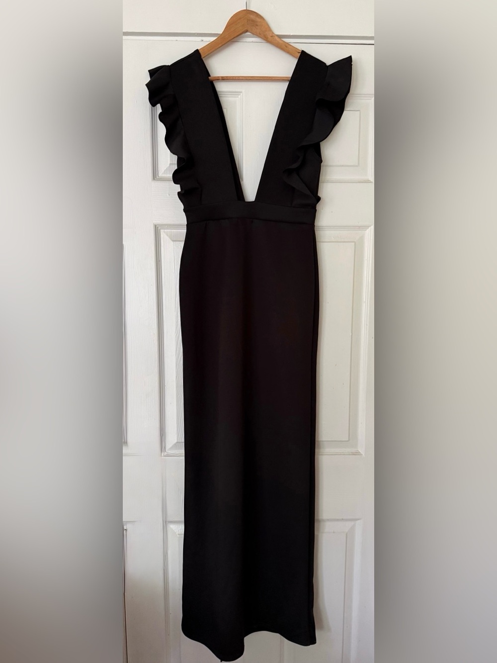 Nast Gal Black Ruffle-Detail Deep V Evening Dress